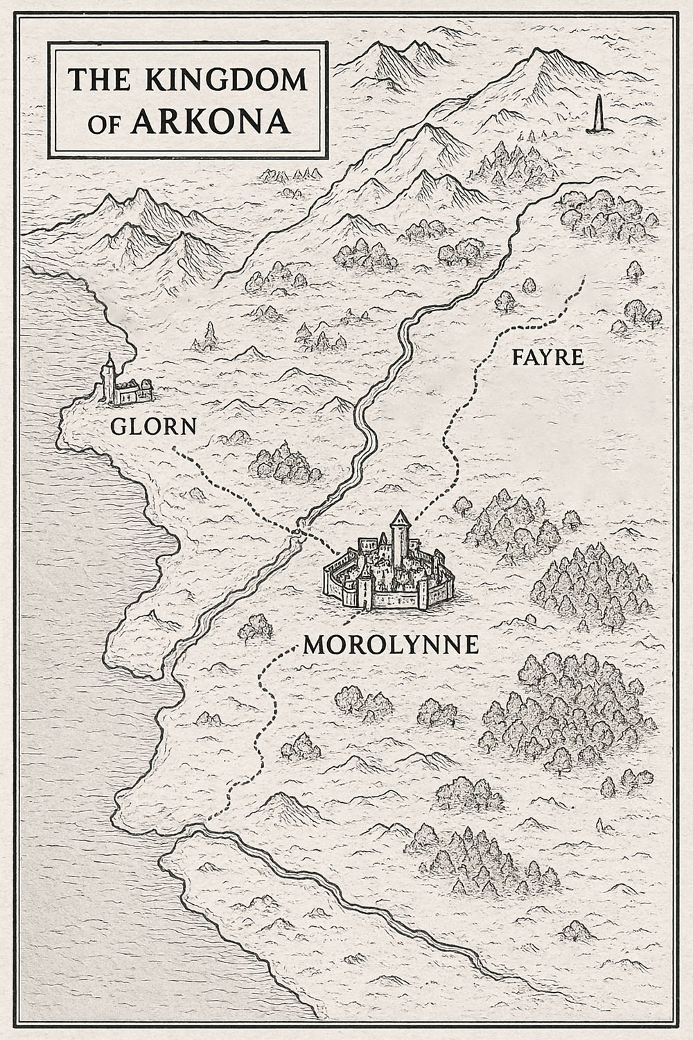 Illustrated map of the Kingdom of Arkona showing Morolynne, Glorn and Fayre